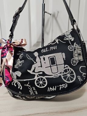 Coach EUC Black with Silver Carriage Print Shoulder Bag